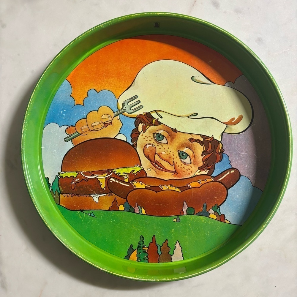 Vintage 70s serving tray featuring a hungry freckled boy, hamburger & hot dog